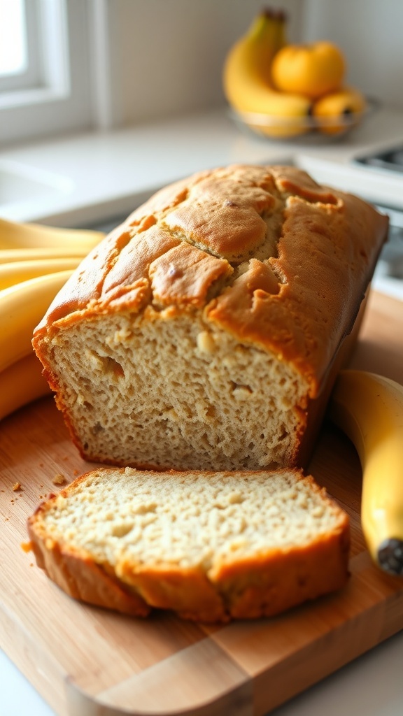 Moist Banana Bread Recipe with 8 Bananas A loaf of banana bread on a cutting board with sliced pieces, ripe bananas in the background.